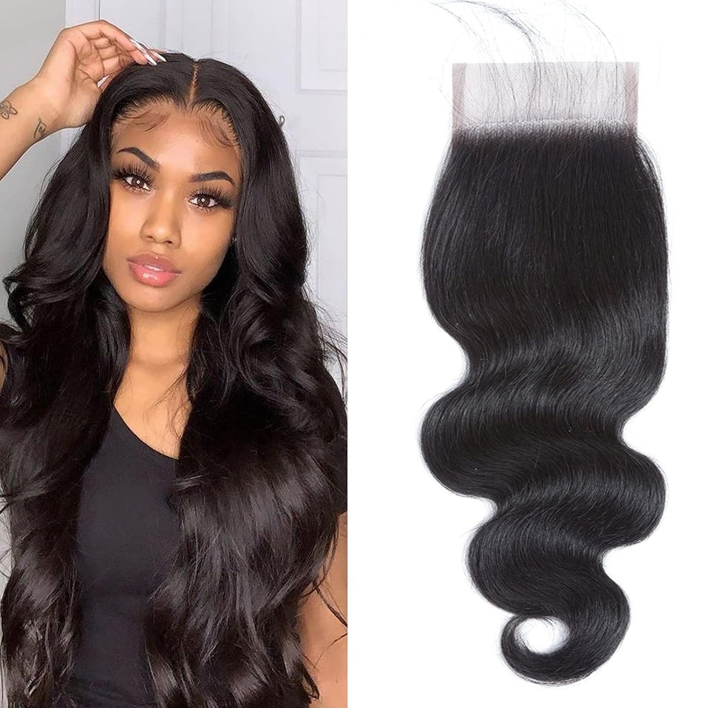 Body Wave Closure - 4x4 Brazilian Human Hair Lace Top | Natural Black, 18 Inch with Baby Hair