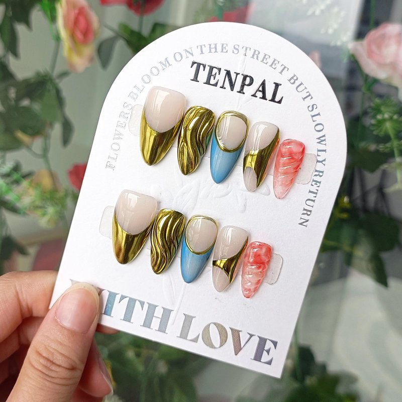 TENPAL 10Pcs Hand-Forged Press on Nails with Kit,Gothic Electroplate Almond Nails,Metallic Filigree & Rivet Designs Glue on Nails,Acrylic Glossy Punk Luxe Fake Nails Set, Chrome Stick on Nails(S)