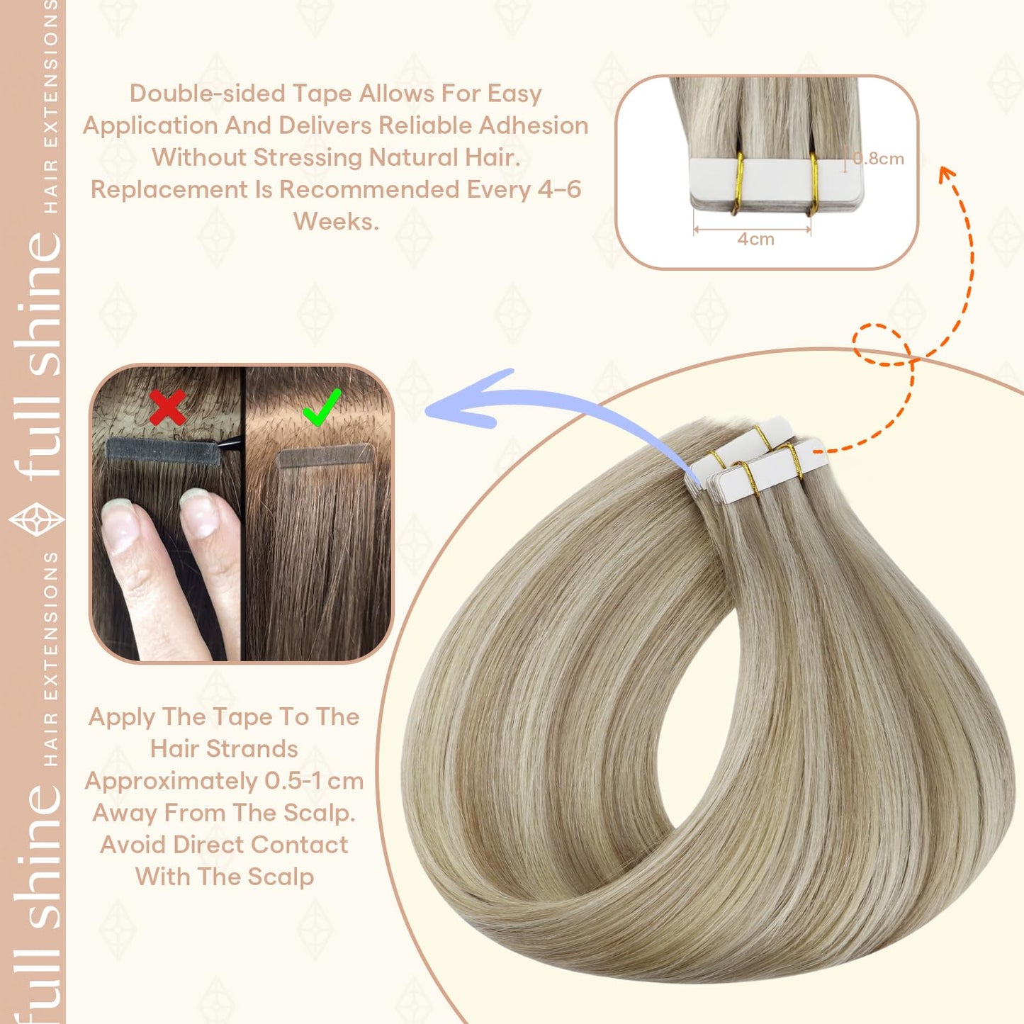 Full Shine Tape in Hair Extensions Human Hair 16 Inch Color 18 Dirty Blonde Highlighted 613 Ash Blonde Invisible Tape Ins Human Hair Extensions 50 Grams 20PCS Thick End for Party
