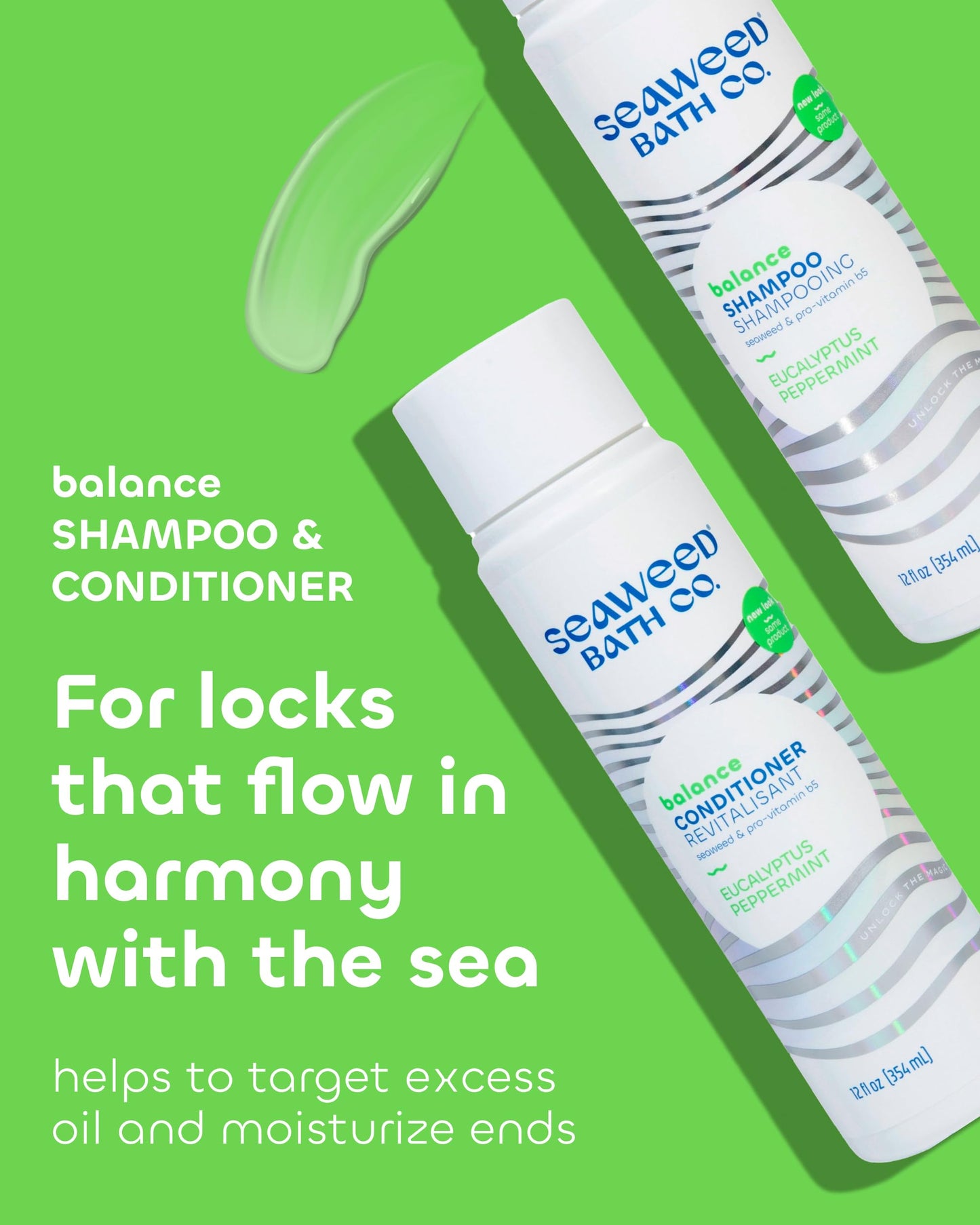 Seaweed Bath Co. Balance Shampoo and Conditioner Set - Eucalyptus Peppermint - Nourishing Hair Care with Vitamin E, Argan Oil, Coconut Oil - For Normal to Oily Hair - 12 oz (Pack of 2)