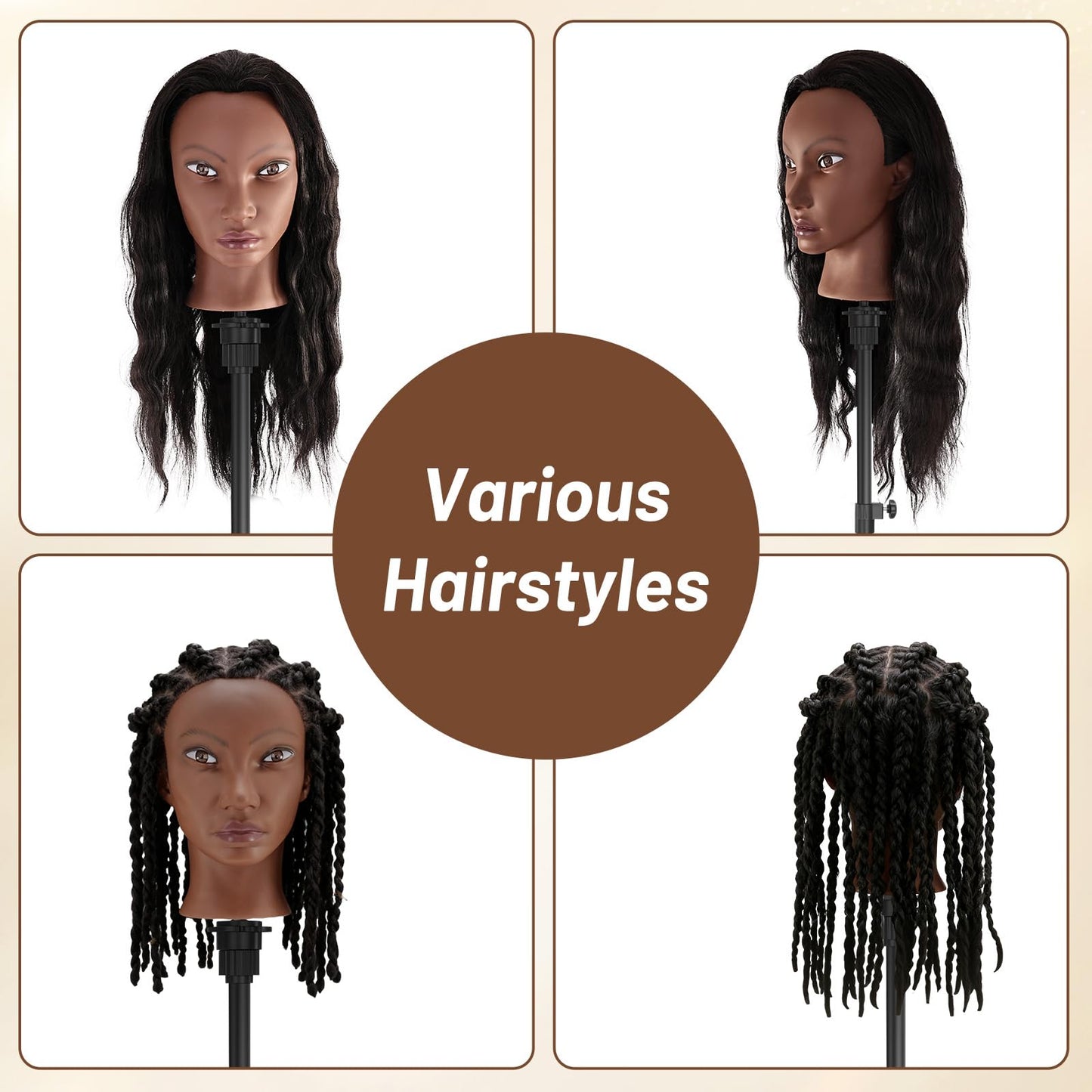 Yekavo 20" Afro Mannequin Head Human Hair with Tripod Stand, 90% Real Hair Cosmetology Black Manikin Doll Head for Hairdresser Practice Braiding with Stand Set