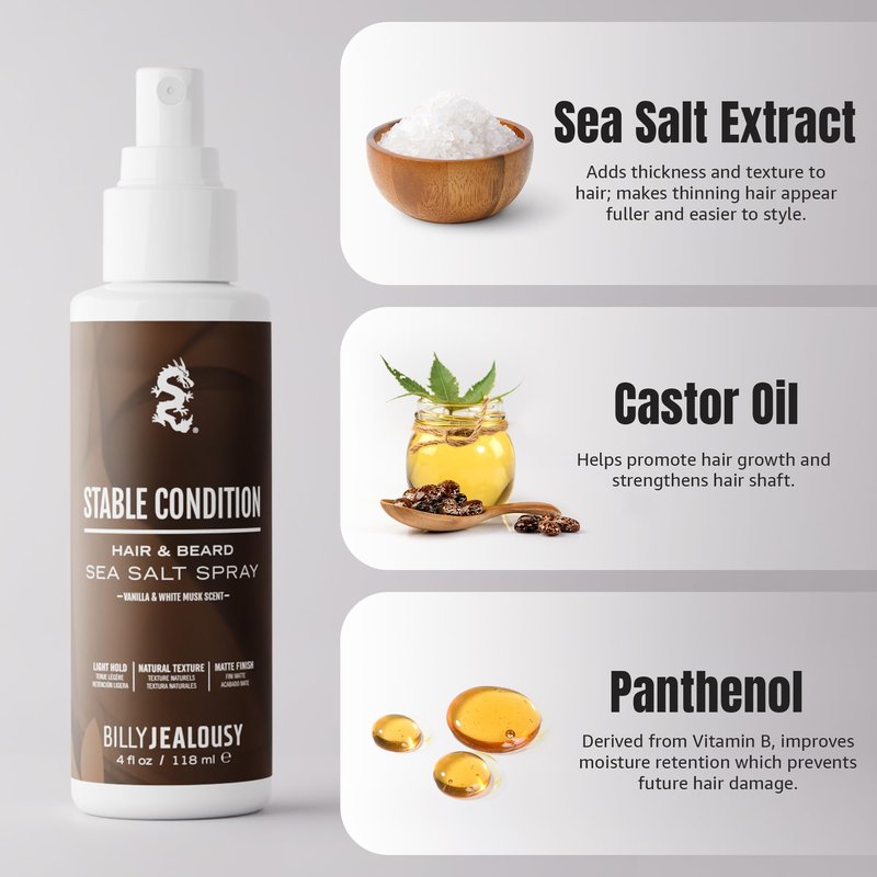 Billy Jealousy Sea Salt Spray for Hair and Beard, Texturizing & Volumizing Mist with Light Hold, Matte Finish, Beachy Waves & Natural Look, Safe for Color Treated Hair, Stable Condition, 4 Fl Oz