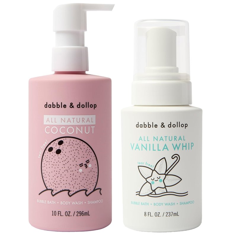 Dabble & Dollop Coconut + Vanilla Kids 3-in-1 Body Wash, Shampoo & Bubble Bath Bundle – Gel + Foam Whip Set, Tear-Free, Gentle, Natural-Origin, Hypoallergenic and Safe for Sensitive Skin (Pack of 2)