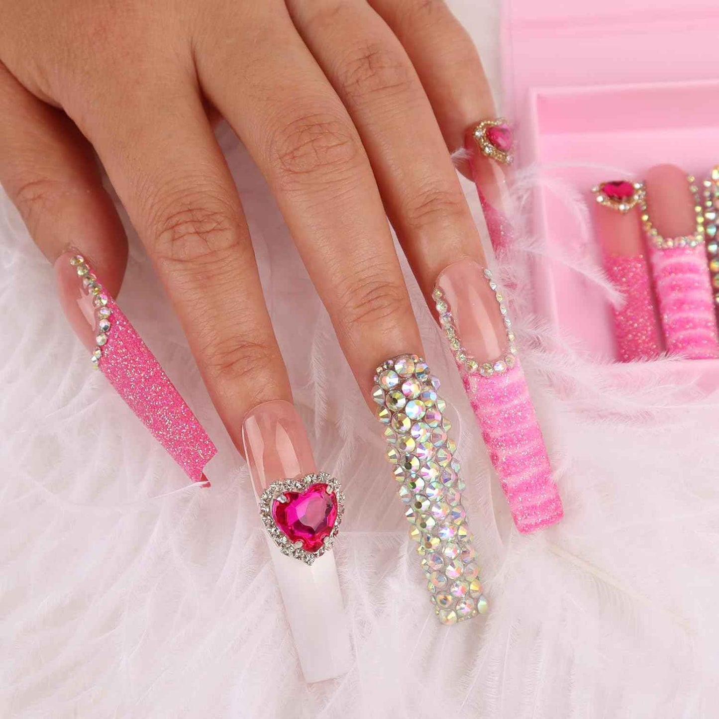 Luxury Pink Acrylic Nail Tips with Crystals - Reusable Long Square Press-On Nails (10 Pcs, Size M)