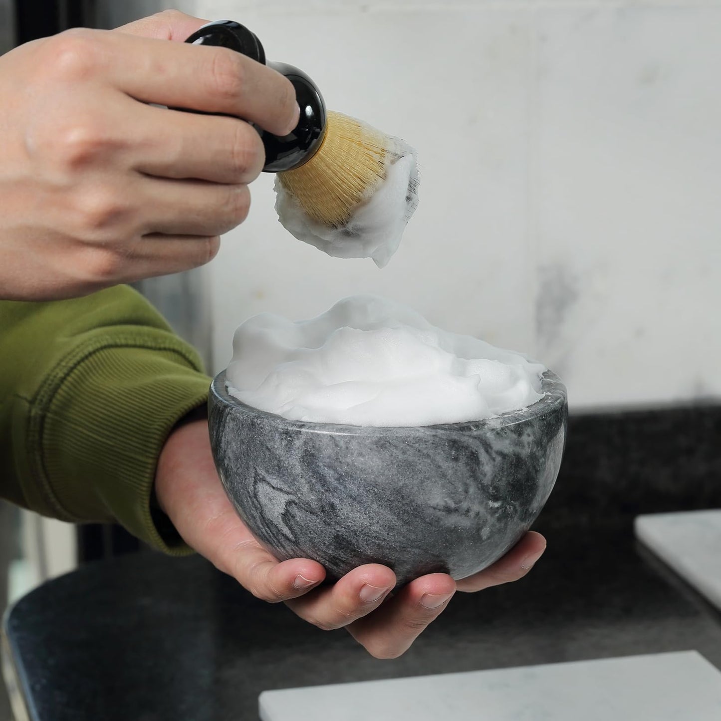 Koville Marble Shaving Soap Bowl 5'' Gray Handmade Shaving Cream Bowl, Marble Bowls For Shaving Foam, Shave Soap Bowl, Shaving Kit Bowl, Shaving Cup Gift for Men with 2 pack Shaving Brush