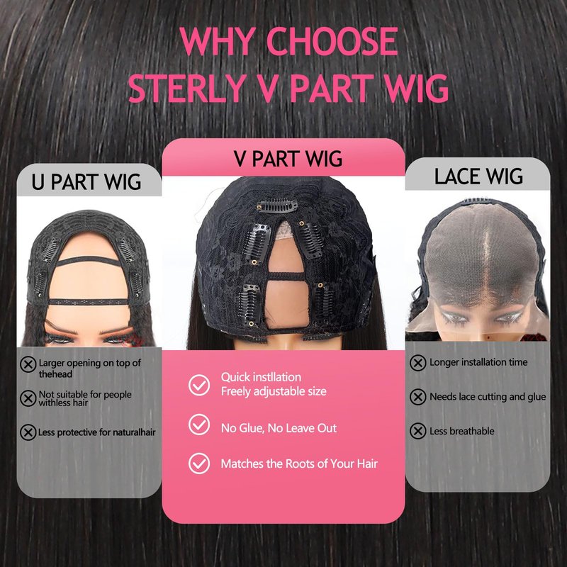 Atikual V Part Wig Human Hair Bob Wig 8inch Brazilian Remy Hair Short Bob Wig Human Hair Glueless Wig Upart Bob Wigs For Black Women Upgrade U Part Wig No Sew in No Glue Natural Black Color