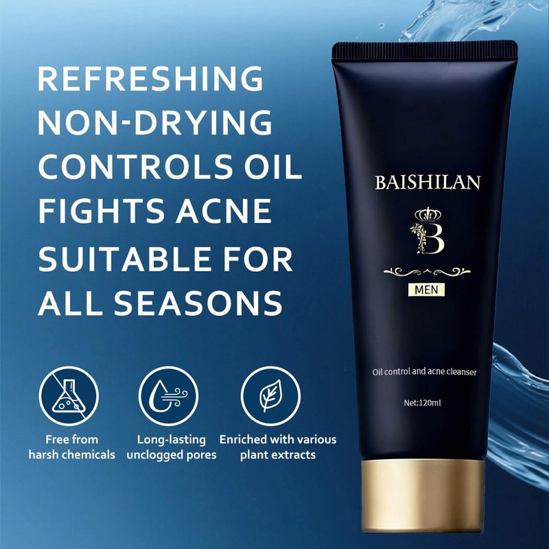 baishilan Men's Oil Control Face Wash, Deep Cleansing Pores & Acne Amino Acid Facial Cleanser, Gentle Moisturizing Non-Tightening Daily Skincare for Men, Suitable for Oily & Sensitive Skin 4.23 Fl Oz