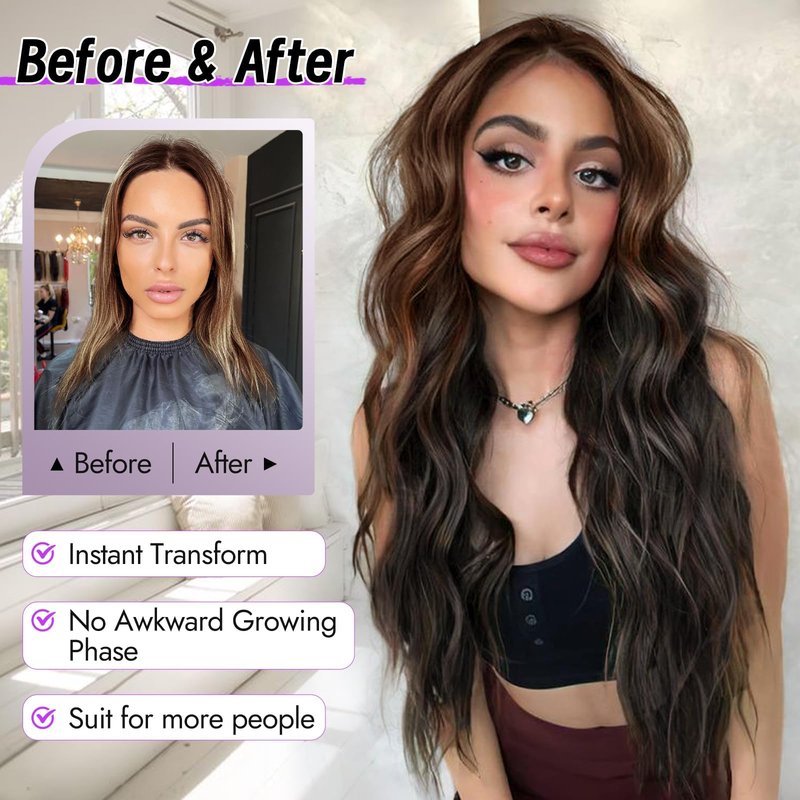 Eawwii Dark Brown Mixed Chestnut Wig for Women Long Wavy 4x1 Lace Natural Hairline Glueless for Beginners Middle Part Synthetic for Daily Party Use 26Inch