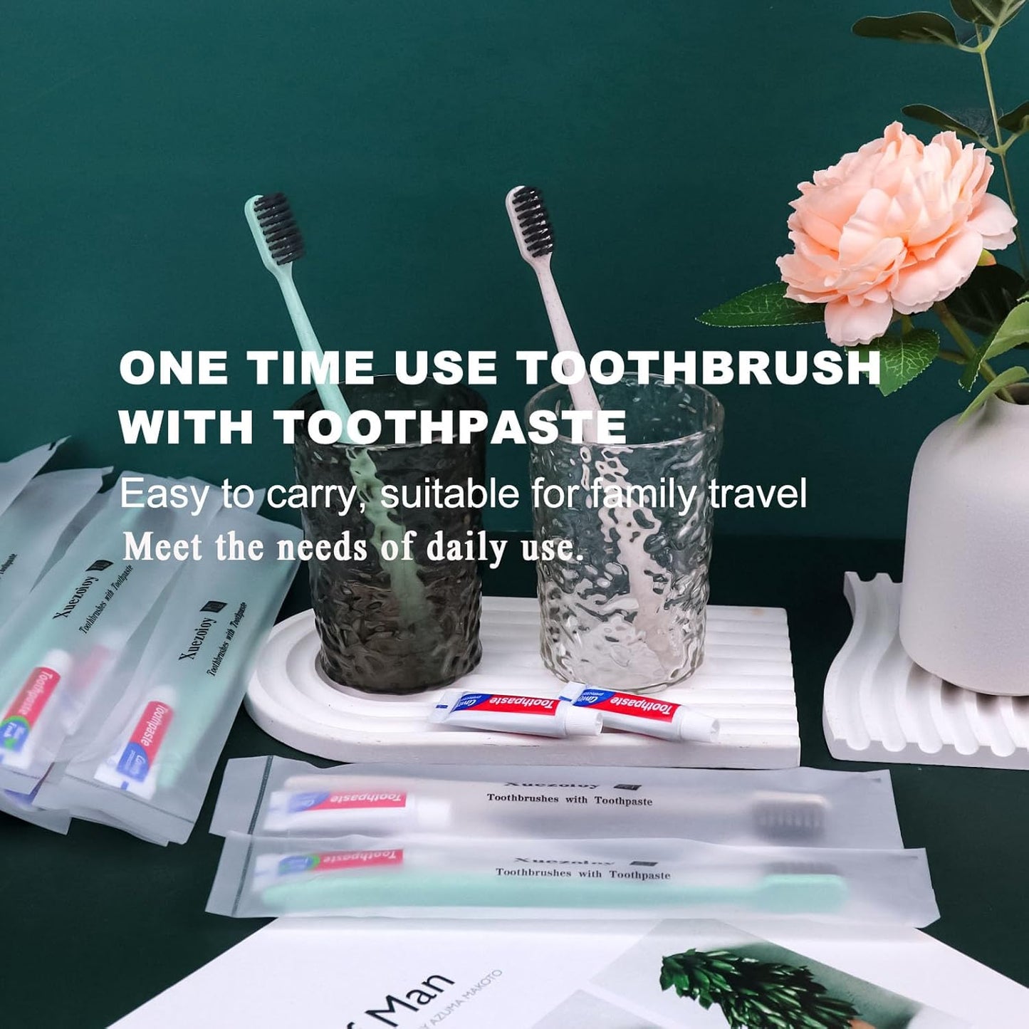 Disposable Travel Toothbrushes Kit - 60 Pack Individually Wrapped | Ideal for Hotels, Charities & Nursing Homes (Apricot & Green)