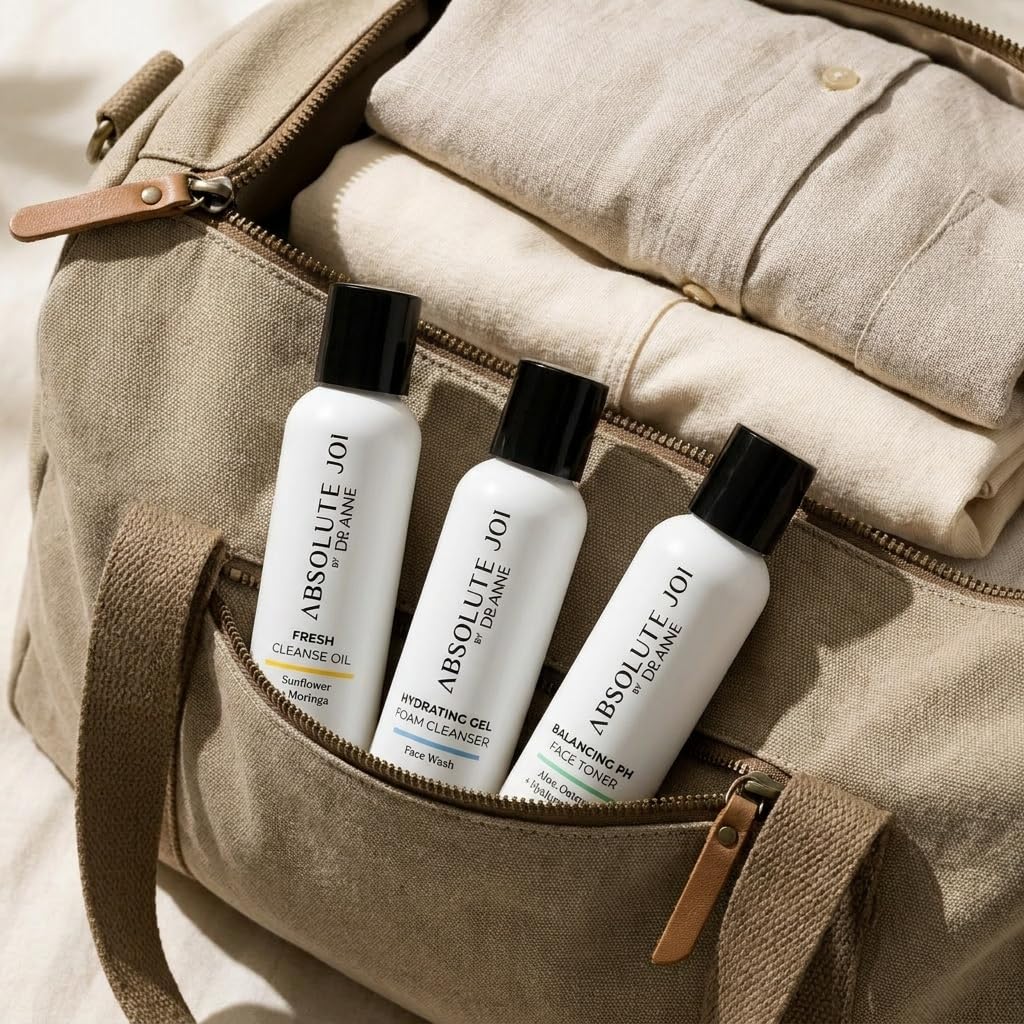 AbsoluteJOI Double Cleansing Kit in TSA Compliant Travel Size Bottles (20 ml). Three products included - Make Up Removal Cleansing Oil, Foaming Facial Cleanser & Aloe Face Toner