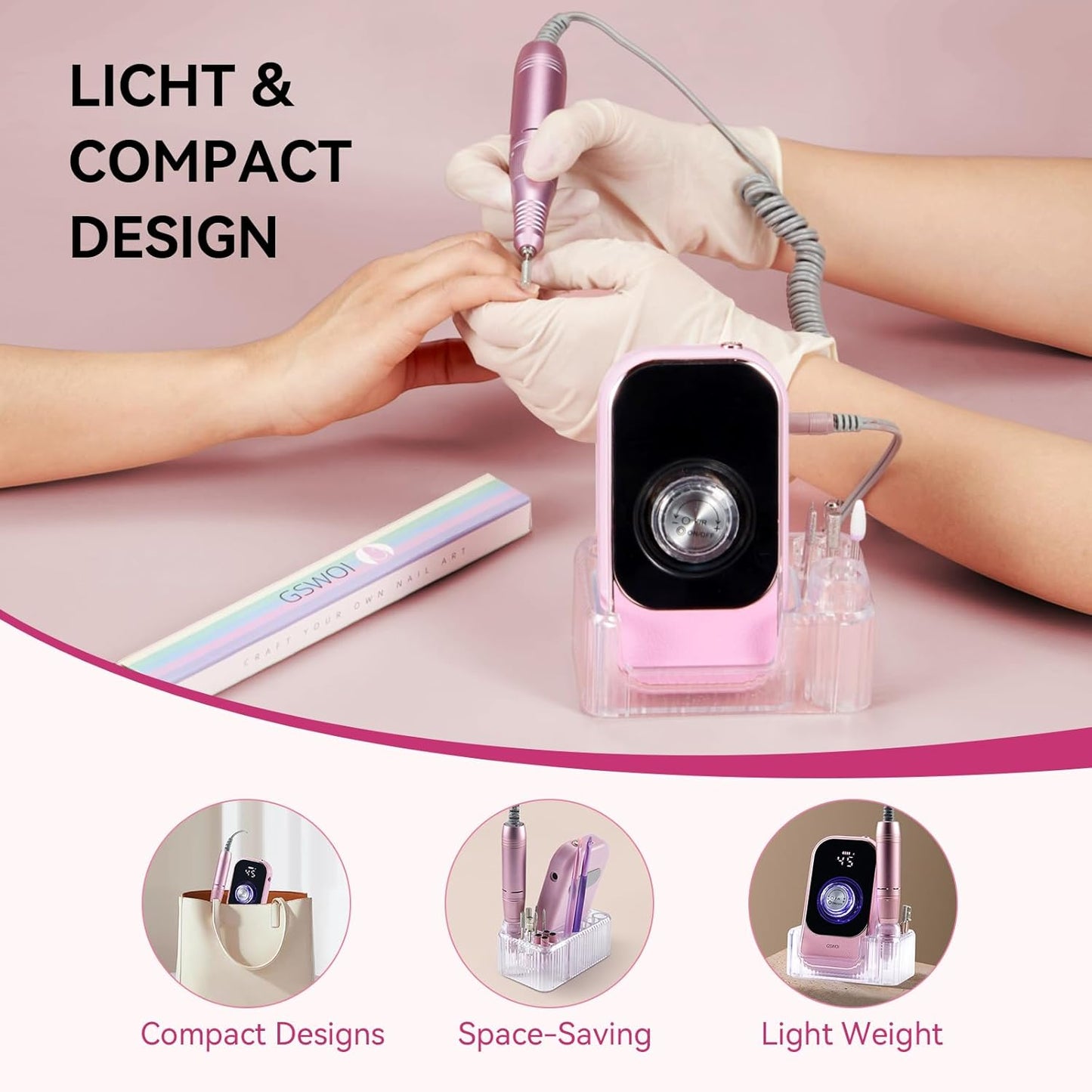 Portable Nail Drill - 45000RPM Electric File for Acrylic Nails | Cordless Rechargeable E-File with Bits & Base