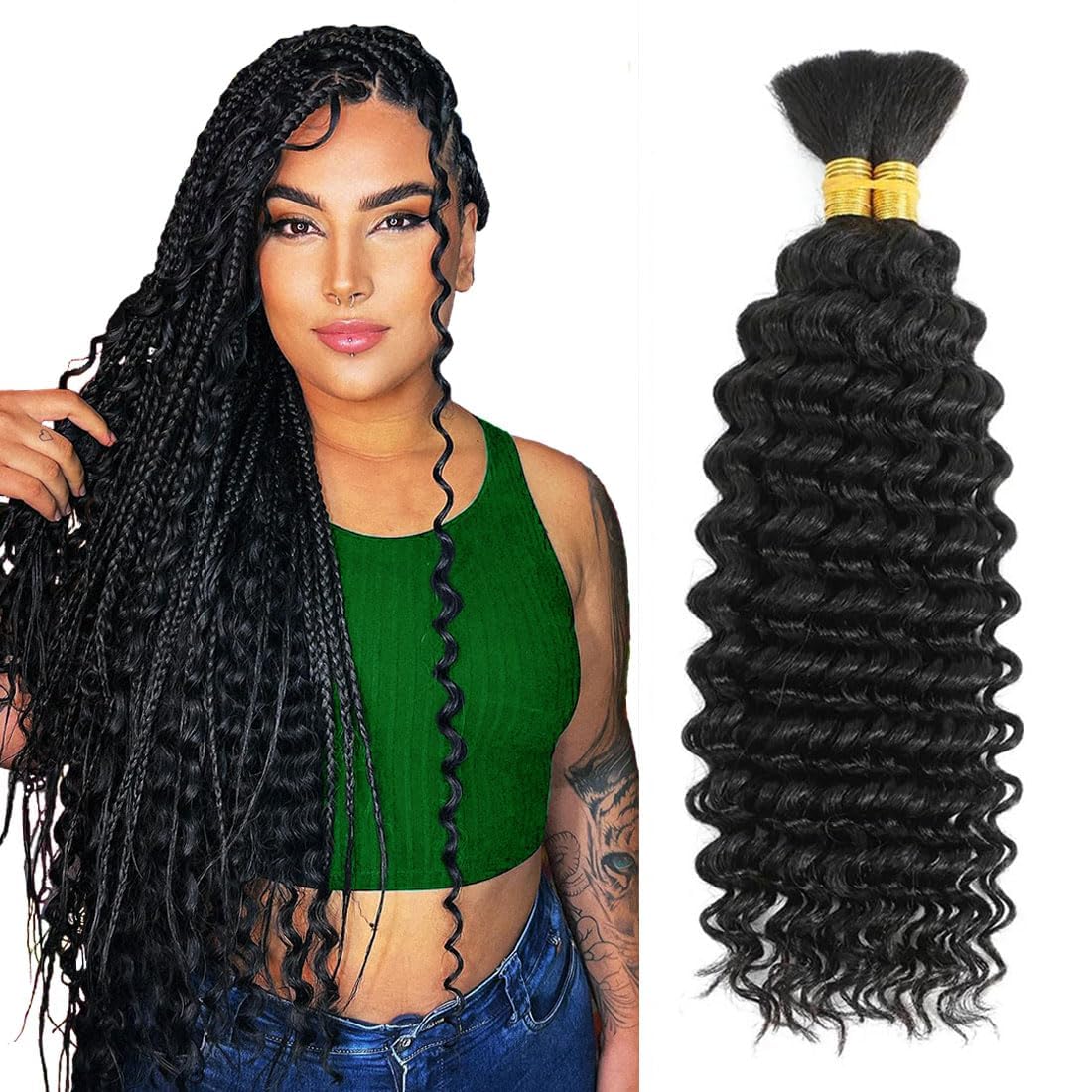 Human Braiding Hair for Boho Braids 12A Deep Water Wave Bulk Human Hair for Braiding No Weft Wet and Wavy Curly Human Hair Extensions (1B-Natural Black-Deep, 110g-22 Inch)