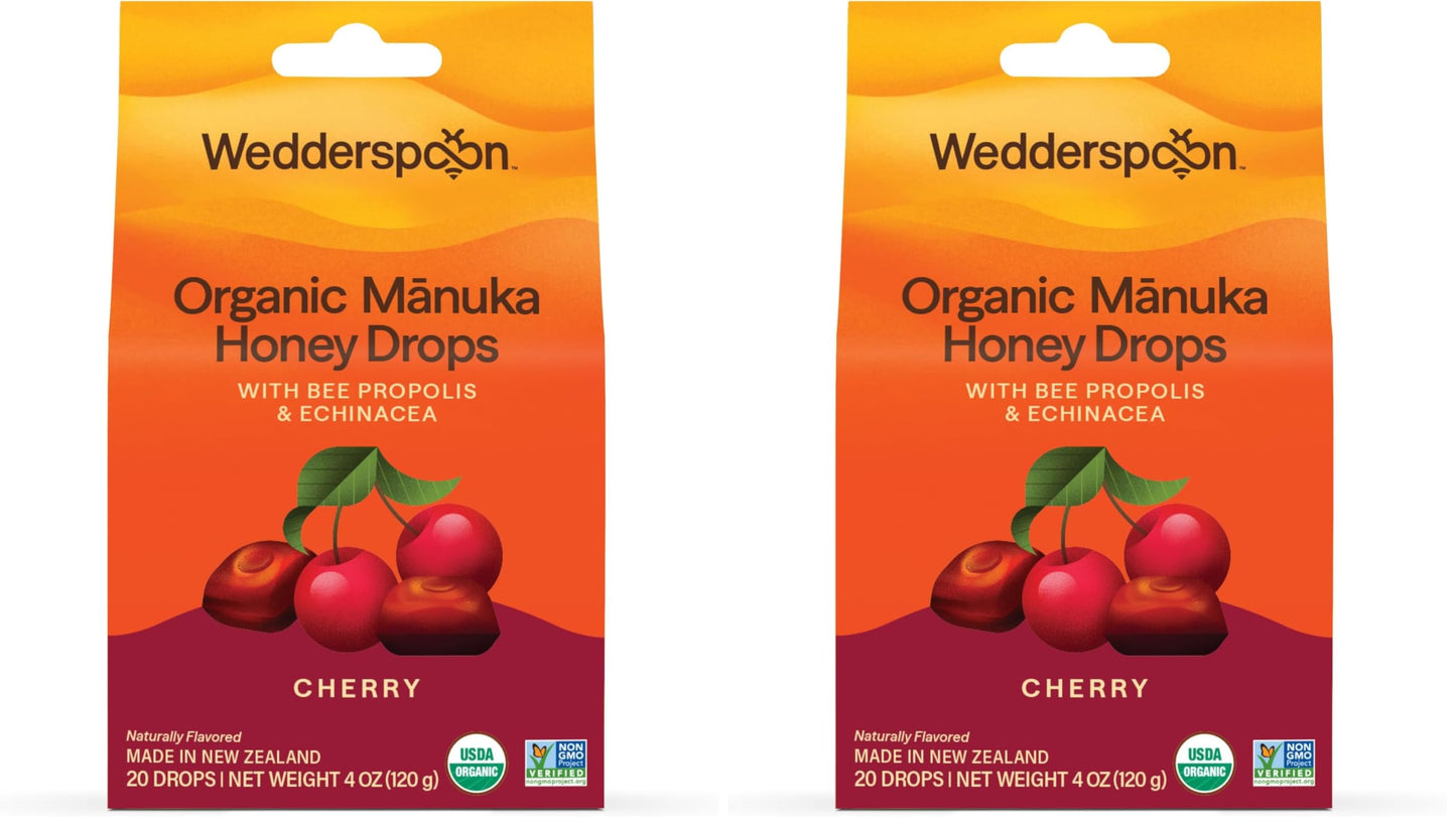 Wedderspoon Organic Mānuka Honey Drops, Cherry, Bee Propolis & Echinacea, 20 Count, USDA Organic, Genuine New Zealand Honey, Natural Remedy for Dry Throat (Pack of 2)