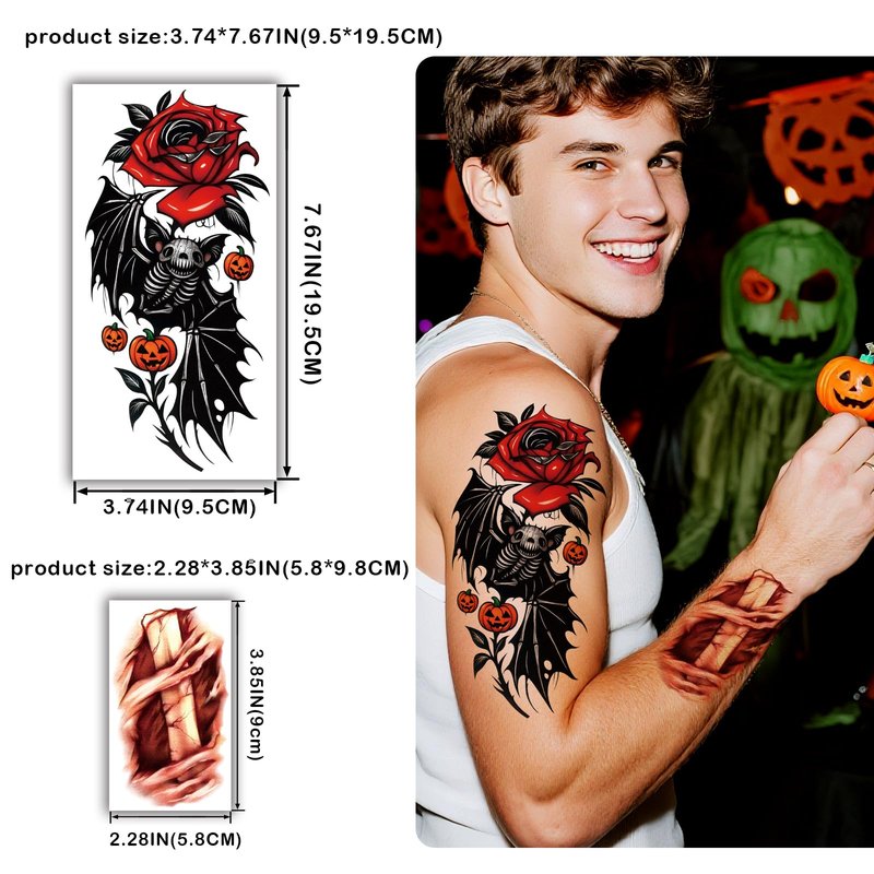 77 Sheets Halloween Temporary Tattoos Women Men, 17 PCS Half Sleeve Pumpkin Bat Crow Witch Skull Fake Tattoos for Adult, 60 PCS Spider Cat Ghost Scar Tiny Realistic Face Body Tattoos Stickers