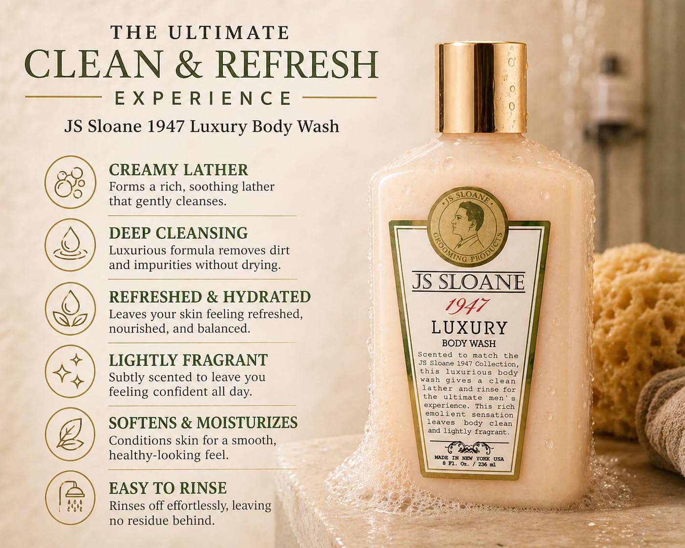 JS Sloane 1947 Luxury Body Wash for Men – Hydrating & Moisturizing Cleanser, Creamy Lather, Fresh Classic Scent, Deep Cleansing Formula, Leaves Skin Soft & Refreshed – 8 fl oz
