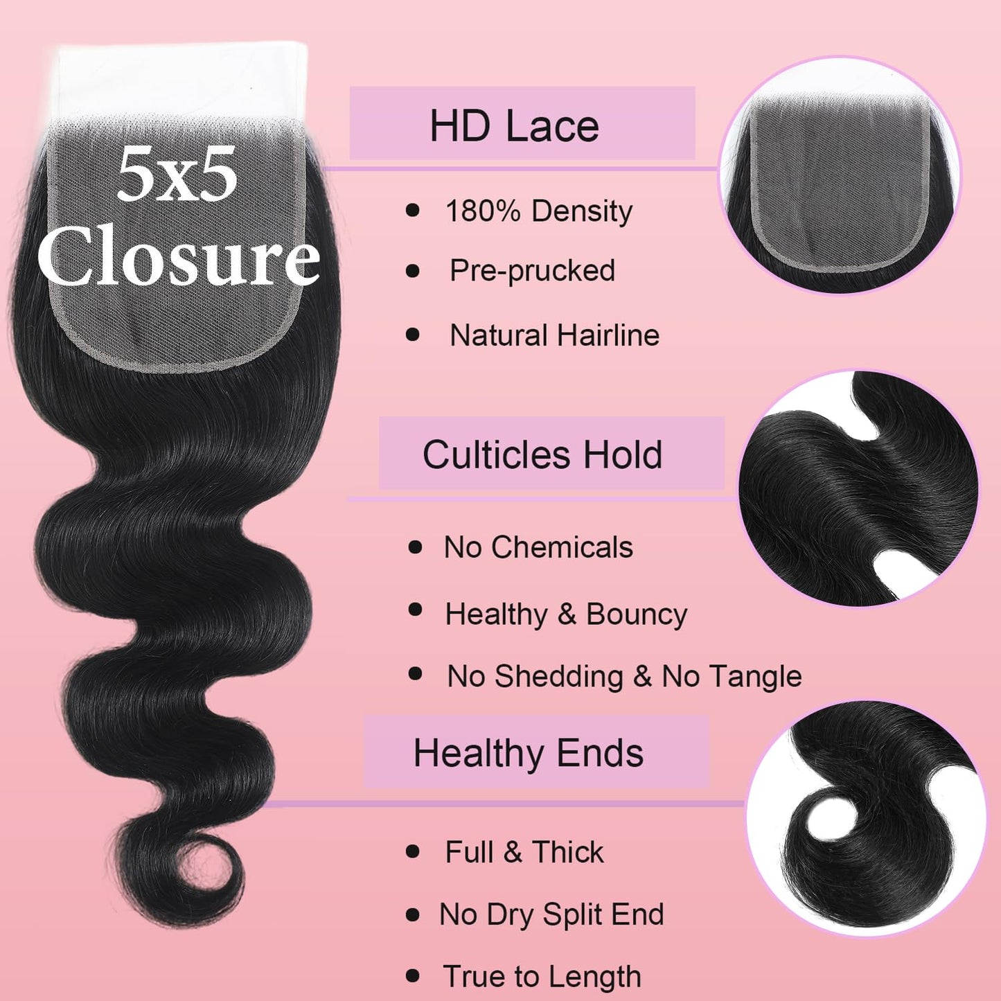 Body Wave Closure Free Part 5x5 Lace Closure Hd Transparent Human Hair Invisible Lace 12A Brazilian Virgin Remy Human Hair Closure 100% Human Hair Pre Plucked Natural Black 14 Inch