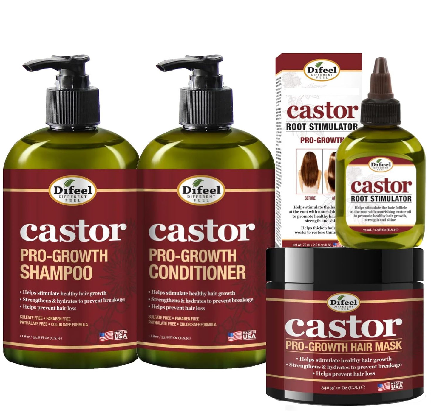 Difeel Castor Pro-Growth Hair Growth Set | Shampoo, Conditioner, Mask & Root Stimulator - 12 oz Each