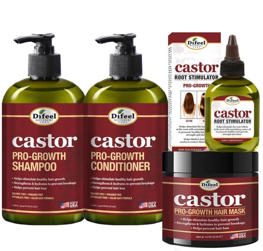 Difeel Castor Pro-Growth Hair Growth Set | Shampoo, Conditioner, Mask & Root Stimulator - 12 oz Each