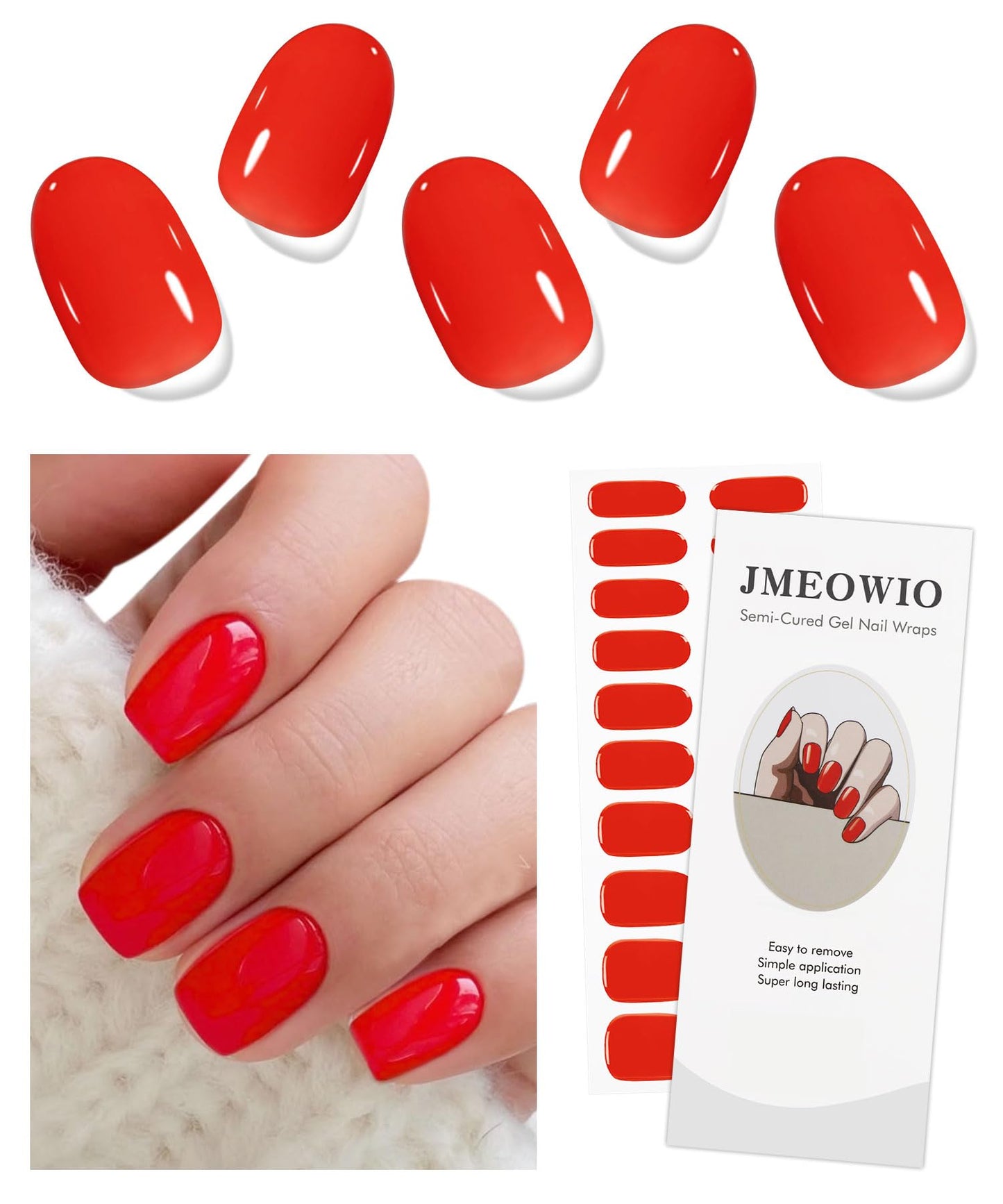 JMEOWIO Semi Cured Gel Strips Nail Art Sticker Wrap Red