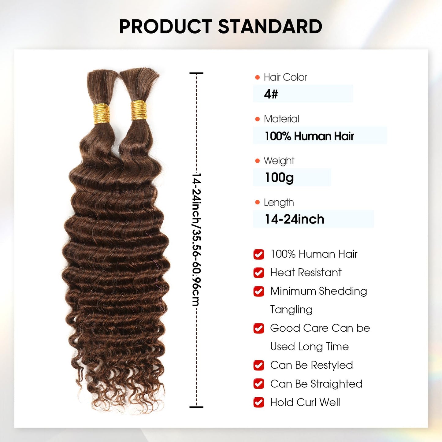 Human Braiding Hair 14Inch 100g Chocolate Brown Deep Wave Bulk No Weft Bohemian for 100% Brazilian Virgin Curly Extensions Boho Braids (#4)