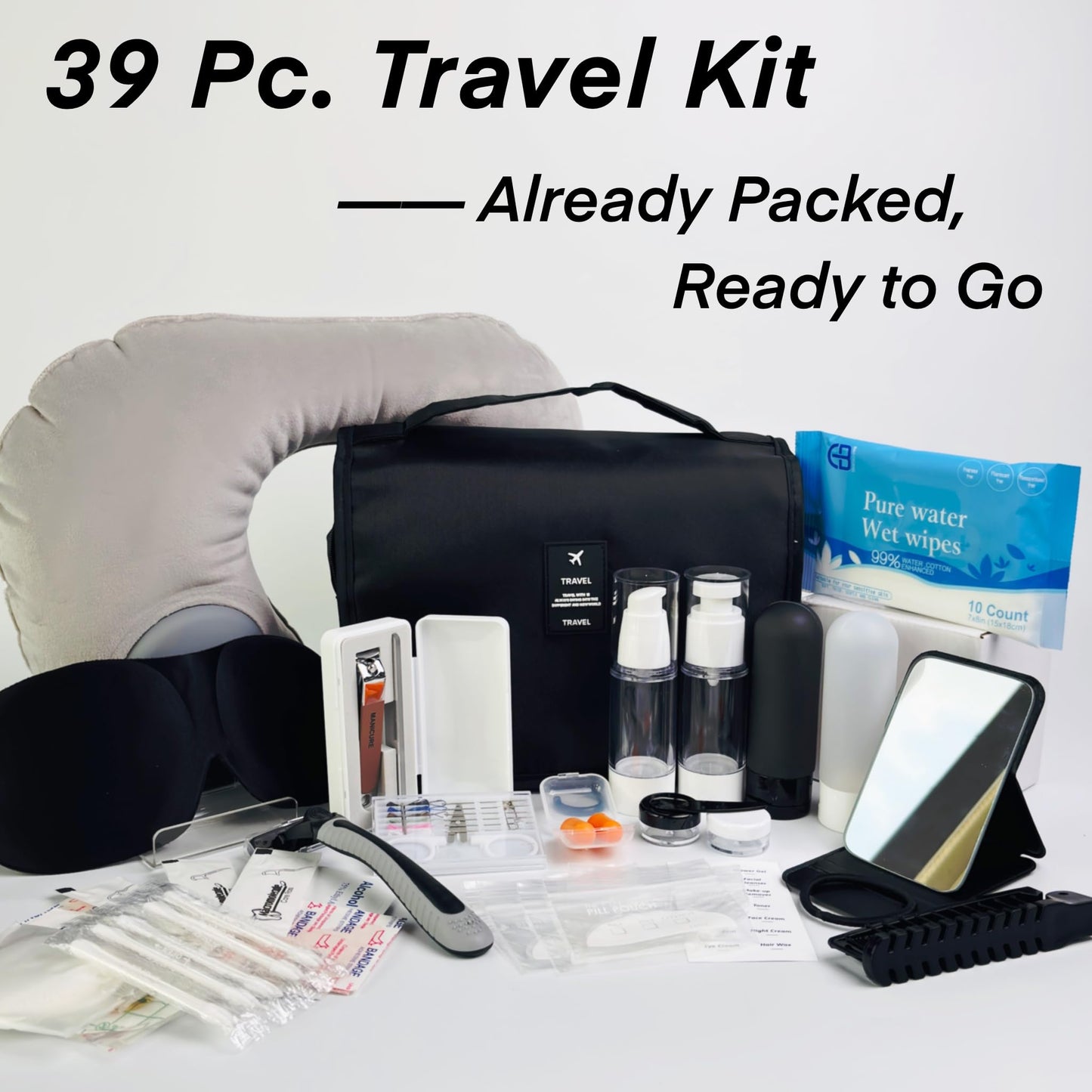 Travel Kit 39 Essentials for Travel Emergency, Large Capacity Toiletry Bag, All Purpose Grooming Set, Airplane Pillow Kit, TSA Approved (Pearl Bisque Beige)