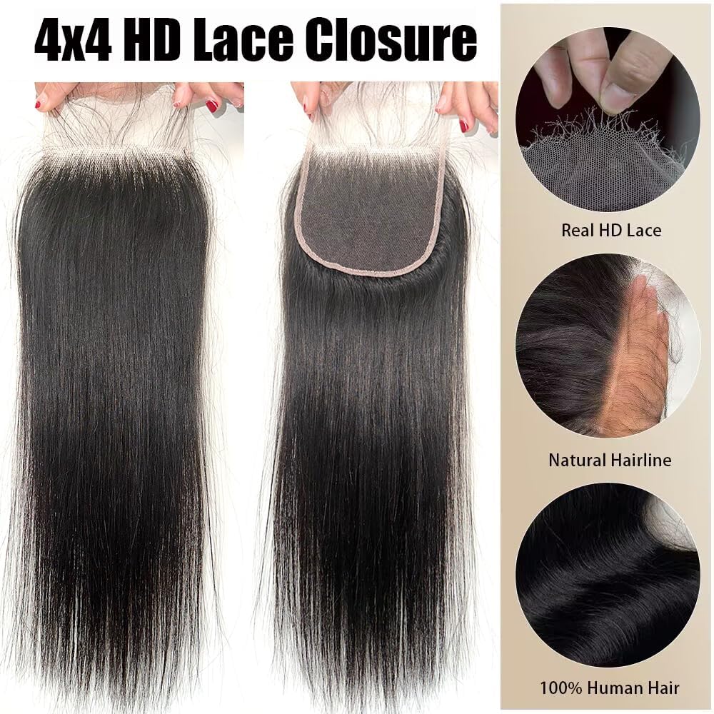 4X4 Straight HD Lace Closure Human Hair Extensions 12A Brazilian Virgin Remy 100% Unprocessed Human Hair Frontal Free Part Closure Only Pre Plucked With Baby Hair Natural Black 16 Inch
