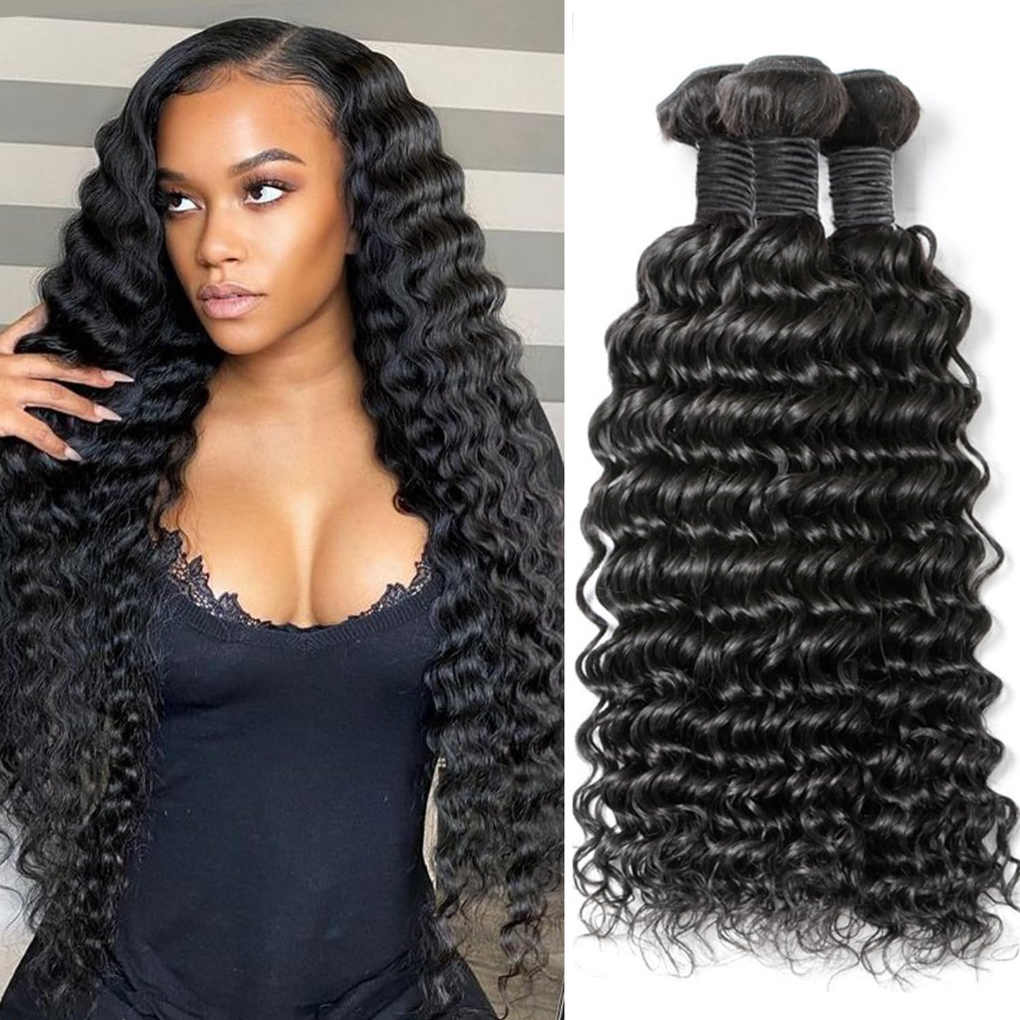 Deep Wave Bundles Human Hair Extensions Natural Black 10 12 14 Inch 100g/pc