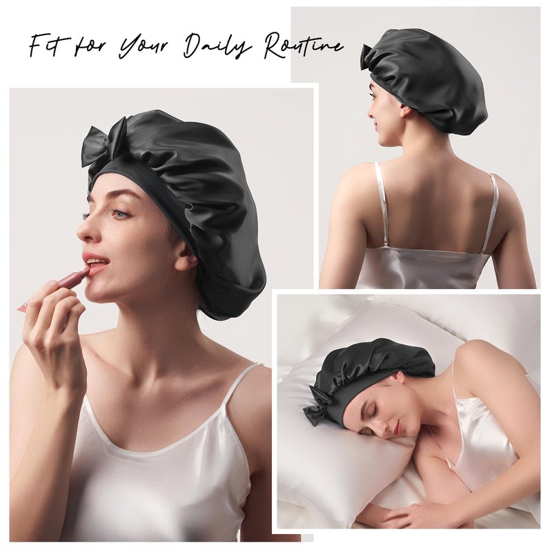 Double-Sided 22 Momme 100% Real Mulberry Silk Bonnet for Sleeping Women, Large Hair Care Bonnet for Long Curly Hair, Double Layer Silk Wrap with Soft Elastic Band, Non-Slip Sleep Cap, Jet Black