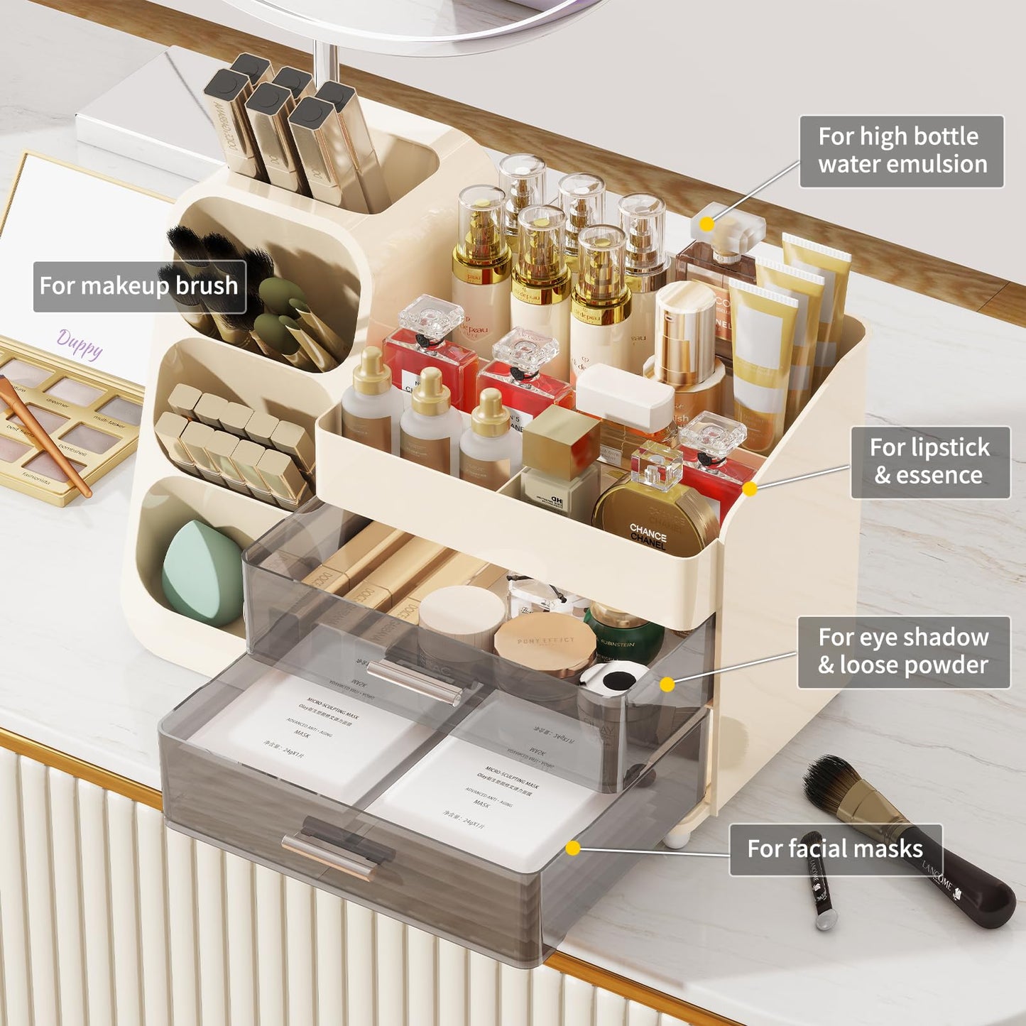 Dimcapo Makeup Organizer for Vanity,Vanity Organizer with Drawers and Brush Holder,Bathroom Make Up Organizer Countertop,Large Cosmetic Organizer for Skincare, Perfume,Lipsticks,Nail Polish (Cream)
