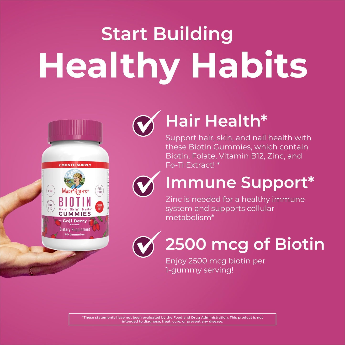 MaryRuth Organics Biotin Gummies | Sugar Free | Vegan | Non-GMO | 2,500 mcg Biotin Supplement | Hair Skin and Nails Vitamins | Hair Growth Vitamins | Hair Growth Supplement | 60 Count