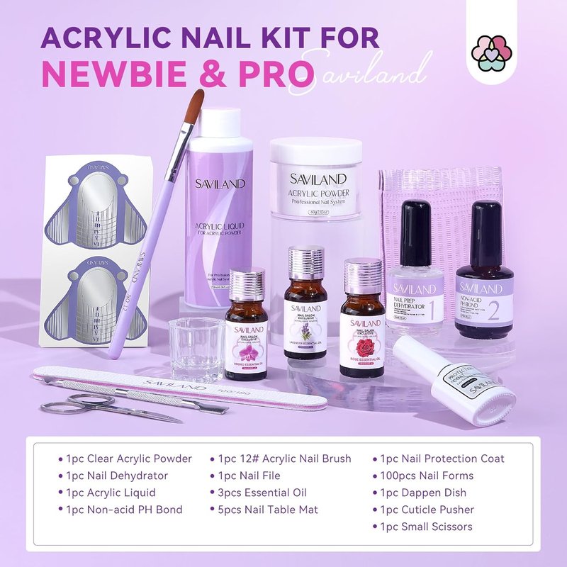 Acrylic Nail Kit - 100% Essential Oil Clear Acrylic Powder & Liquid Set | 2oz & 120ml with Practice Mat & Primer for DIY Nail Art