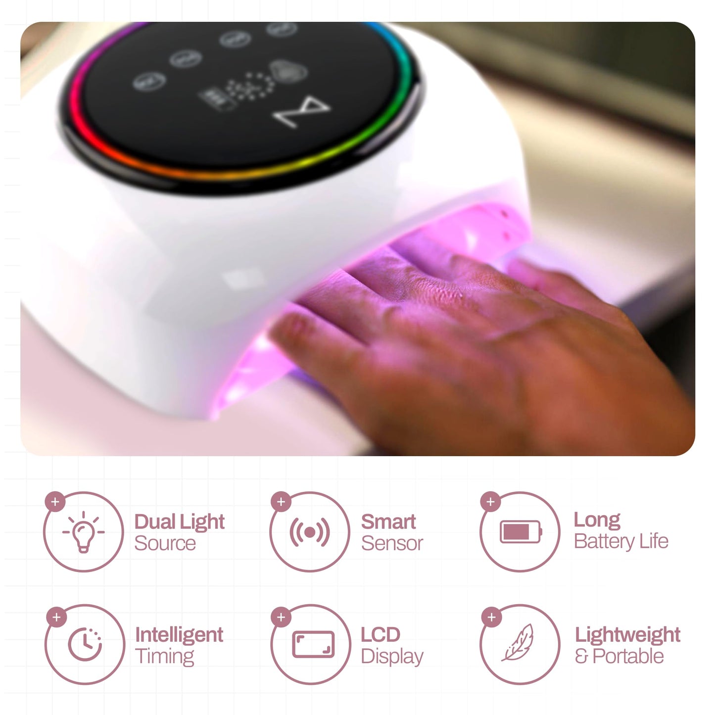 M - HaloLite LED Nail Curing Lamp 98W, 32 LEDs, Wireless Rechargeable with 5200mAh Battery, Fast UV/LED Gel Nail Dryer for Salon & Home Use, Long-Lasting, Portable, Cordless Design (Black)