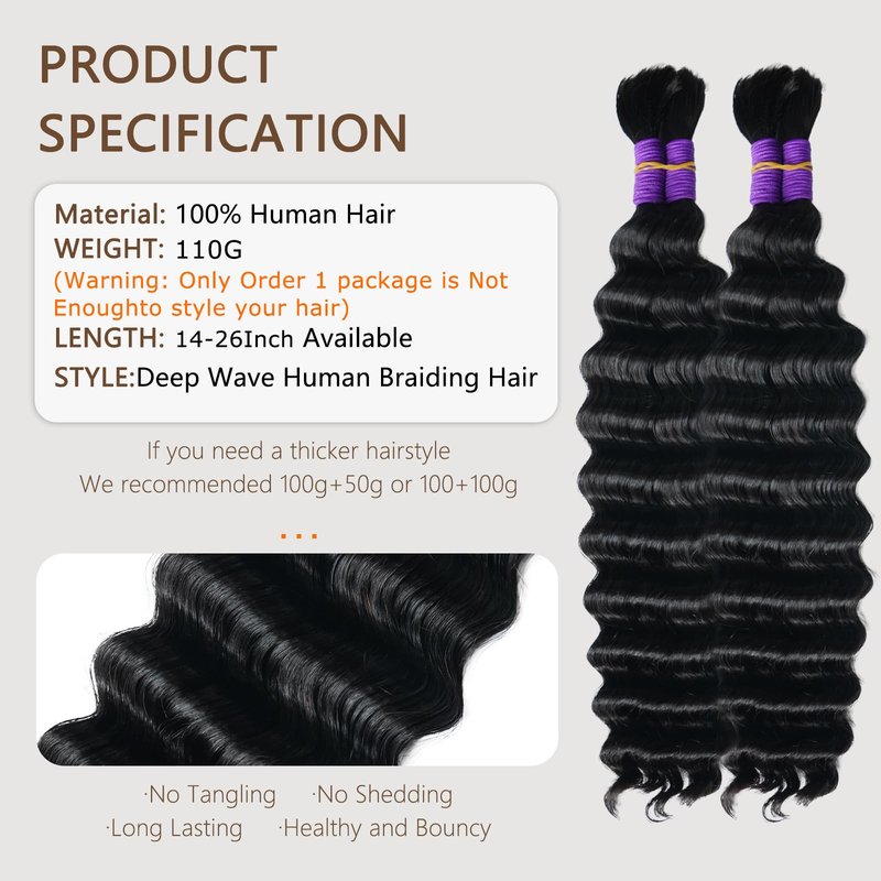 Human Braiding Hair for Boho Braids Deep Water Wave Hair Extensions Boho Hair for Braiding 12A 110g 2 Bundles/Pack Natural Color Pre-Stretched 16 Inch