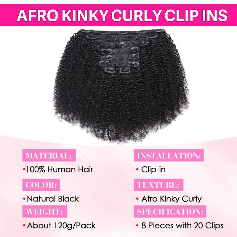 Afro Kinky Curly Clip Ins Human Hair Extensions for Black Women 8Pcs 20 Clips 100% Remy Virgin Hair 120g 3C 4A Natural Black Double Weft Thick Ends 10 Inch