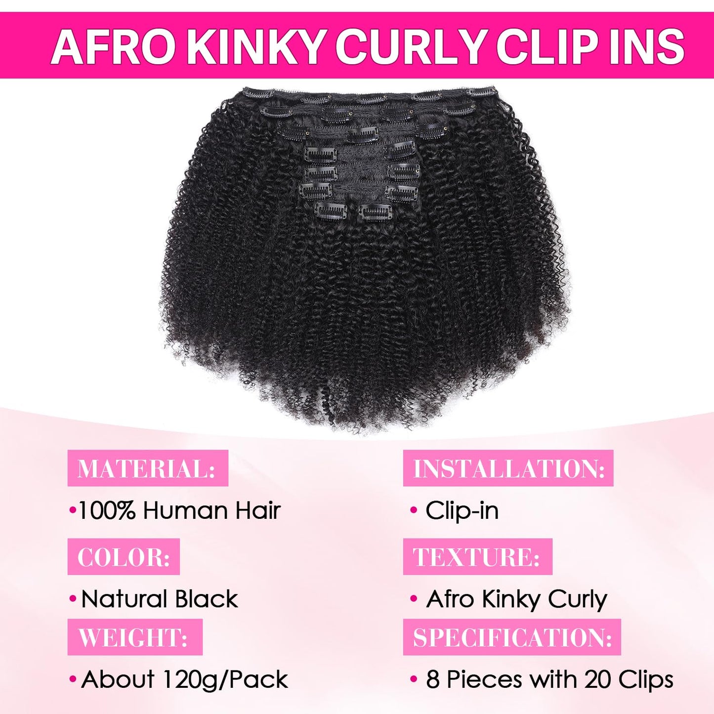 Afro Kinky Curly Clip In Hair Extensions 120g 20 Clips Human Hair 12 Inch
