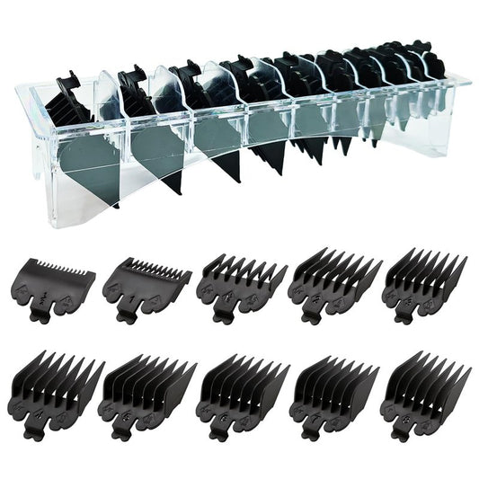10 Piece Clipper Guards Set for Wahl Babyliss FX870 & More(Black) Replacement Guides (1/16" to 1") with Organizer