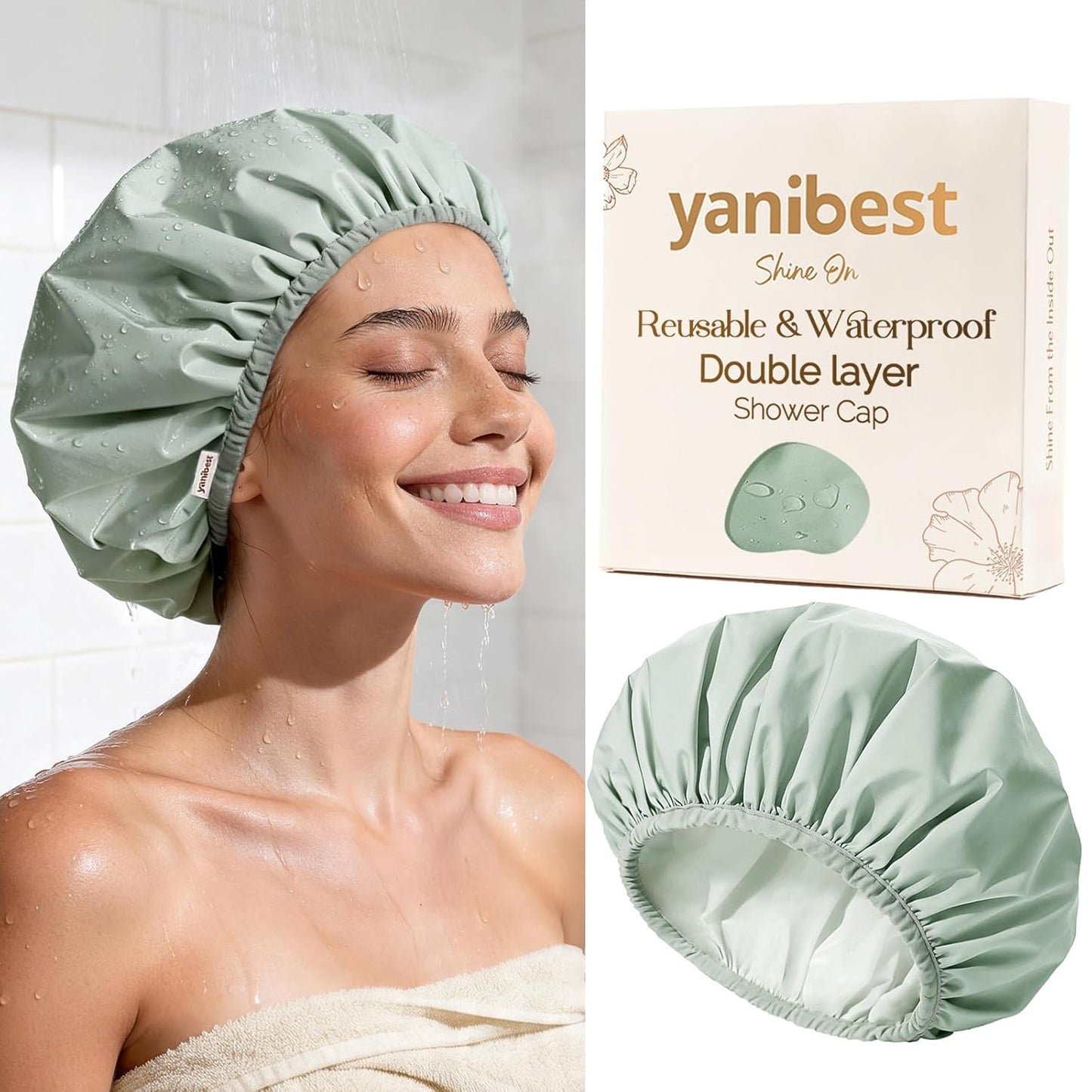 Yanibest Reusable Waterproof Shower Cap - Double Layer Design | Soft Non-Slip Elastic Band, Fits Most Hair Types