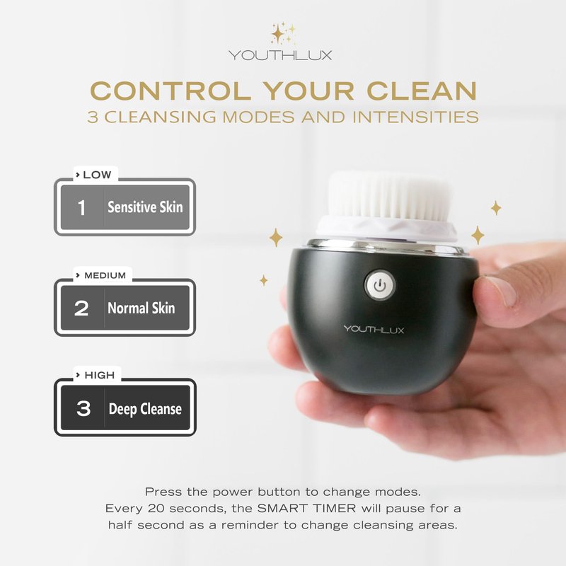 YOUTHLUX Pure Radiance, Vibrating Facial Cleansing Brush, Electric Face Scrubber, 3 Modes, 3 Brush Heads (2 Bristle,1 Silicone), Waterproof, Rechargeable, Smart Timer, Exfoliating, Massage (Black)