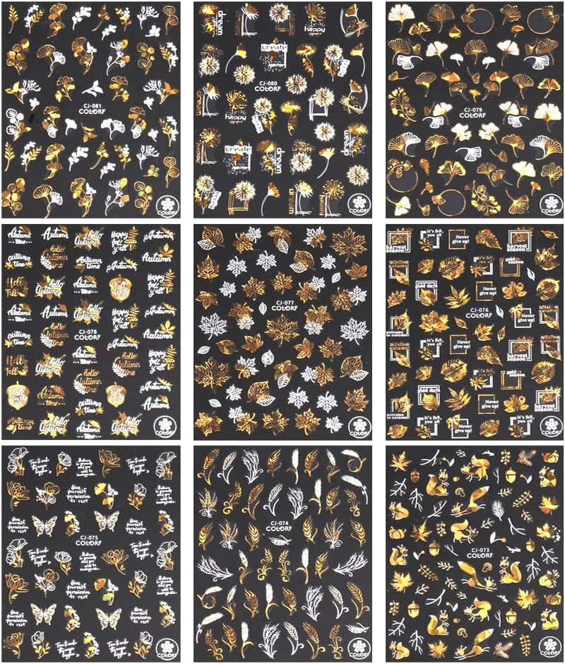 Autumn Leaves Nail Decals - 3D Self-Adhesive Fall Nail Art Stickers | White Laser Gold Maple Leaf Design, 9 Sheets
