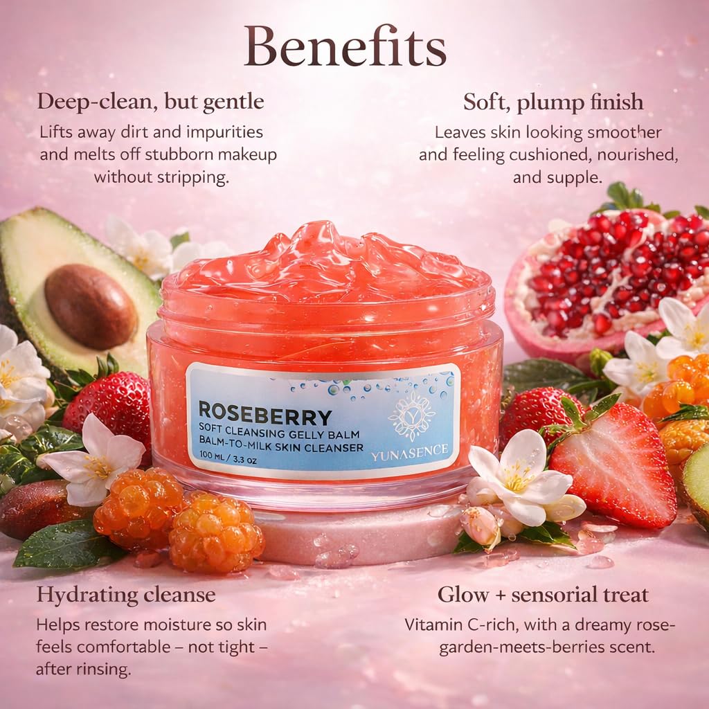YUNASENCE Roseberry Soft Cleansing Gelly Balm - Phytoaromatic Balm-to-Milk Cleanser for Dry & Sensitive Skin | 3oz