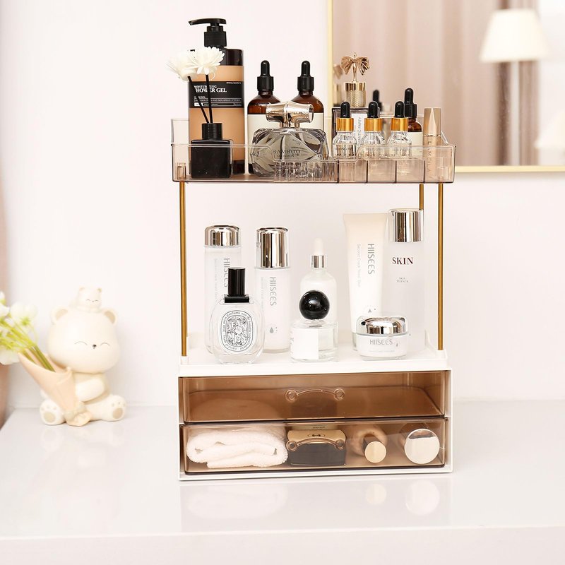 2-Tier 2-Drawer Bathroom Countertop Organizer, Multi-Purpose Makeup Organizer for Vanity, Large Skincare Countertop Organizer, Cosmetic Display Case for Dresser, Elegant Gifts for Women, Clear