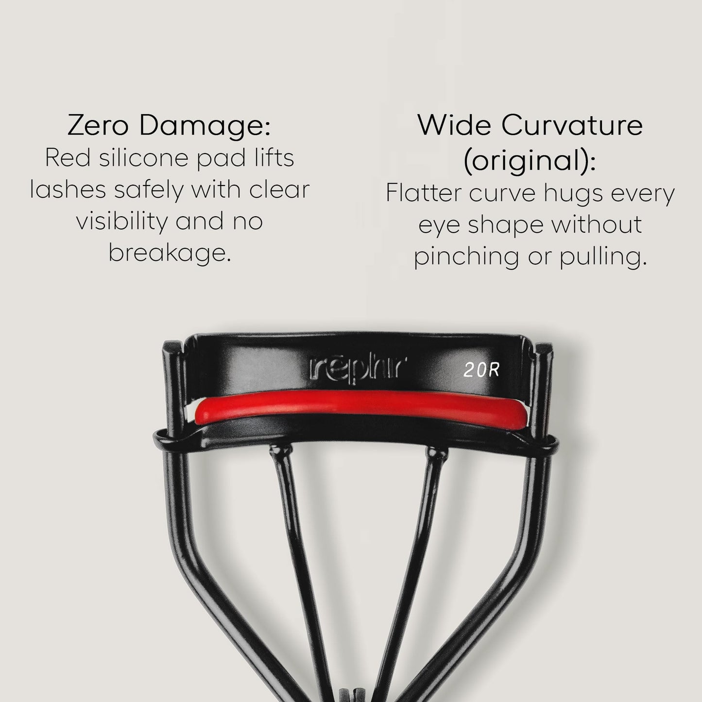 rephr 20R Wide & Flat Eyelash Curler, Double-Barrel Design with 5 Refill Pads, New Improved Durable Coating, Curvature for Universal Eye Shapes