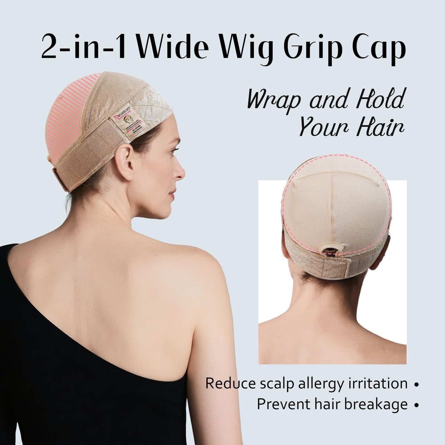 Dreamlover Wide Wig Grip Cap for Glueless Wigs, 2-in-1 Non Slip Wig Caps with Velvet Wig Grip Band for Women, Nude, 1 Piece