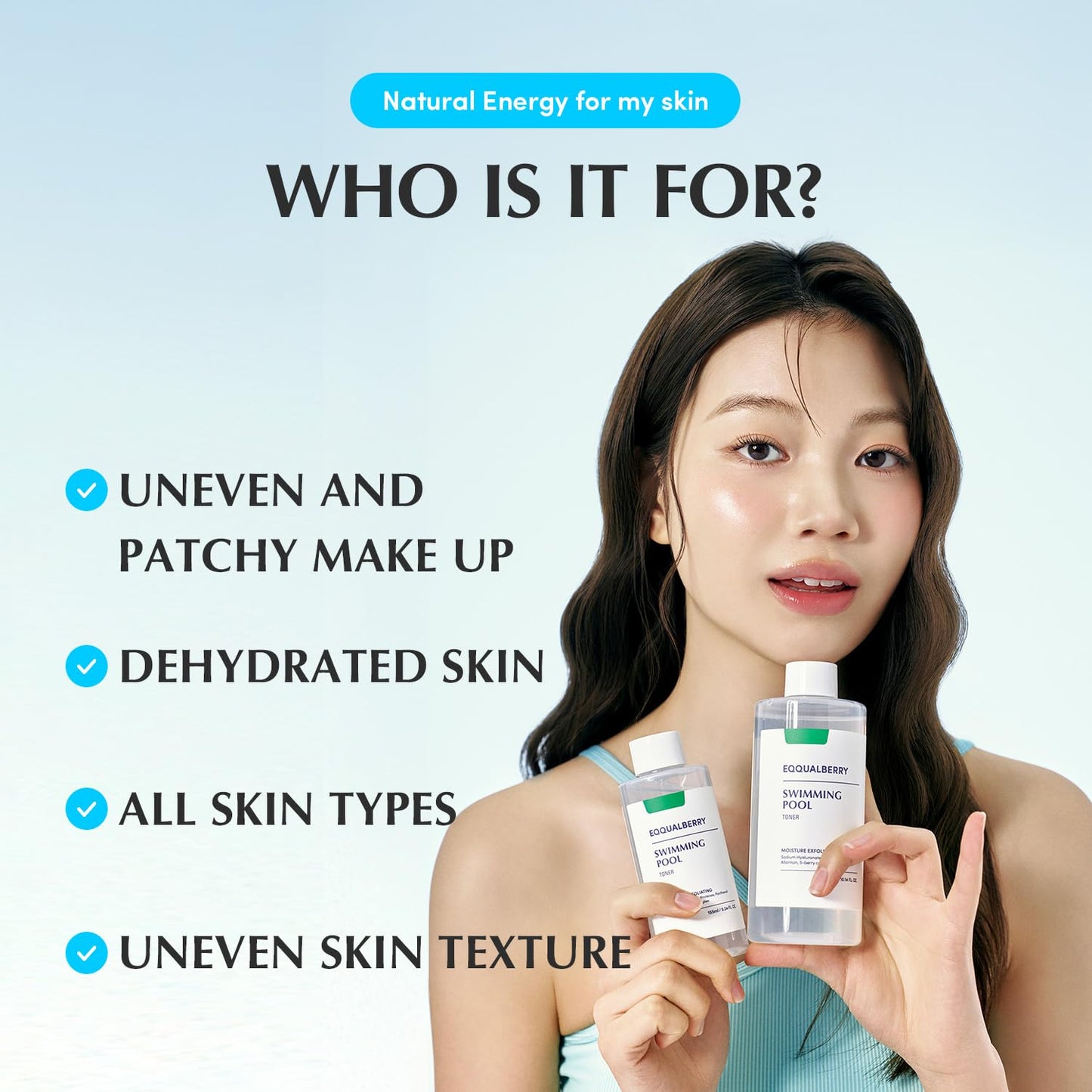 EQQUALBERRY Swimming Pool Toner & Daily Glow Gel Cleanser Set | Exfoliating Toner with Pretease for Sensitive Skin | Deep Hydrating & Moisturizing | Korean Skincare | EWG Green