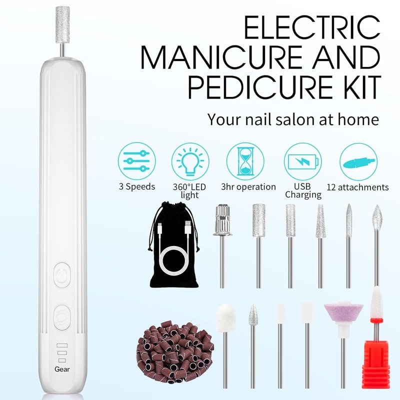 Electric Nail Drill - Professional Cordless Manicure & Pedicure Kit | 3-Speed Rechargeable Nail File for Thick Nails & Cuticles - White