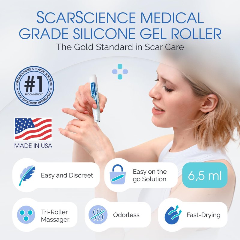 Silicone Scar Gel with Scar-Smoothing Tri-Roller Tip – Designed for Scar Massage – Medical-Grade Silicone for Surgical, C-Section & Acne Scars – Fragrance-Free & Hypoallergenic