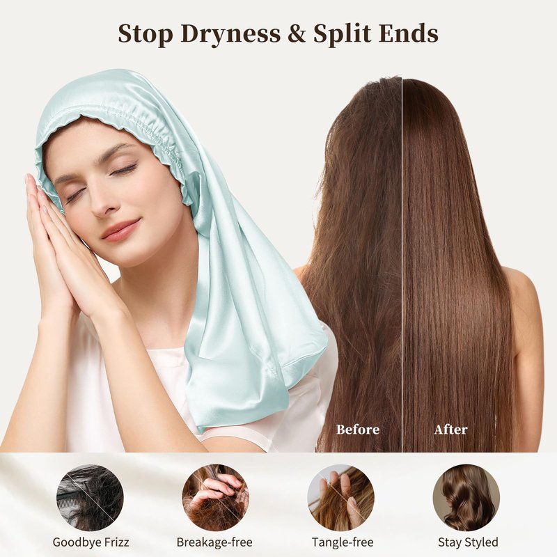 THXSILK 100% Mulberry Silk Bonnet for Sleeping Women Sleep Bonnet with Elastic Band Silk Wrap Hair Cap for Women Long Curly Hair Light Blue