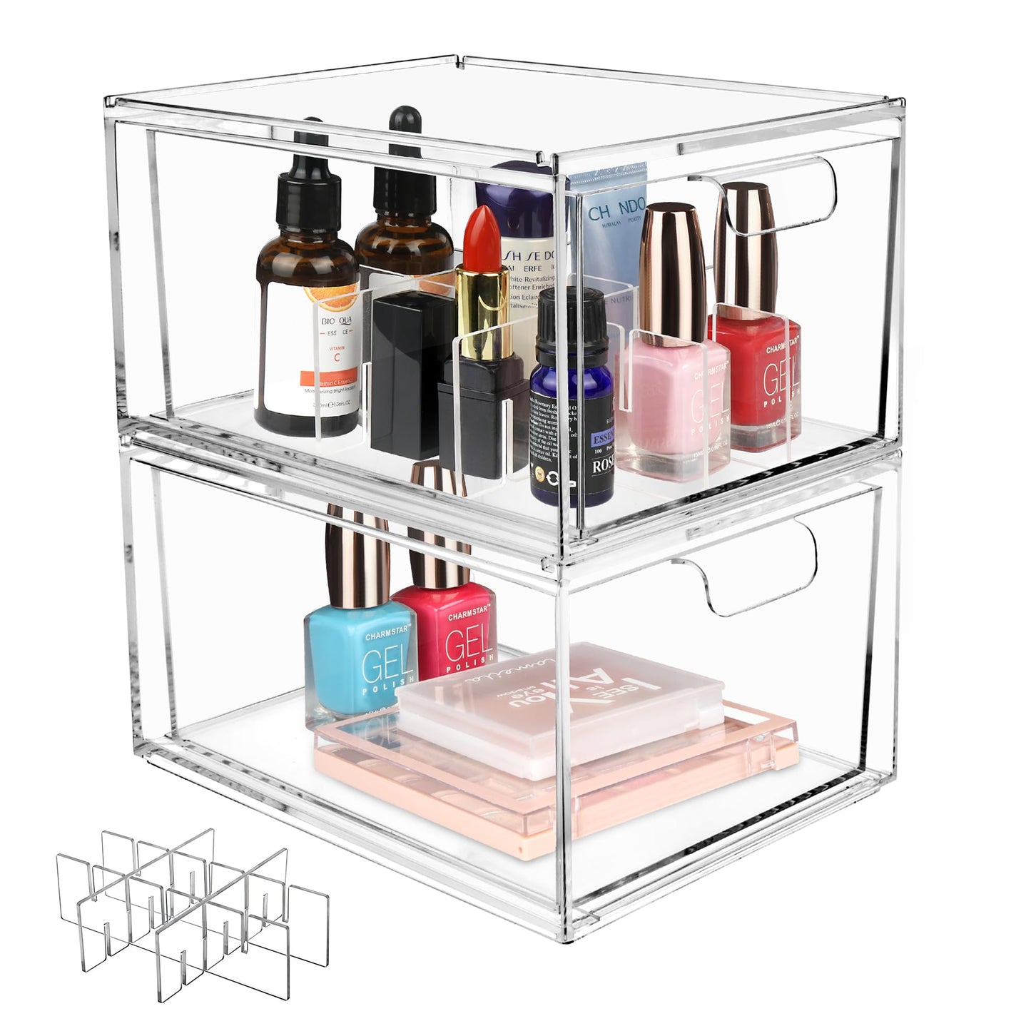 Yes!Fresh Drawer Organizer Stackable Cosmetic Desk Organizer with Removable Interior Partitions for Vanity Organization and Storage,Clear Bathroom Organizer (4)