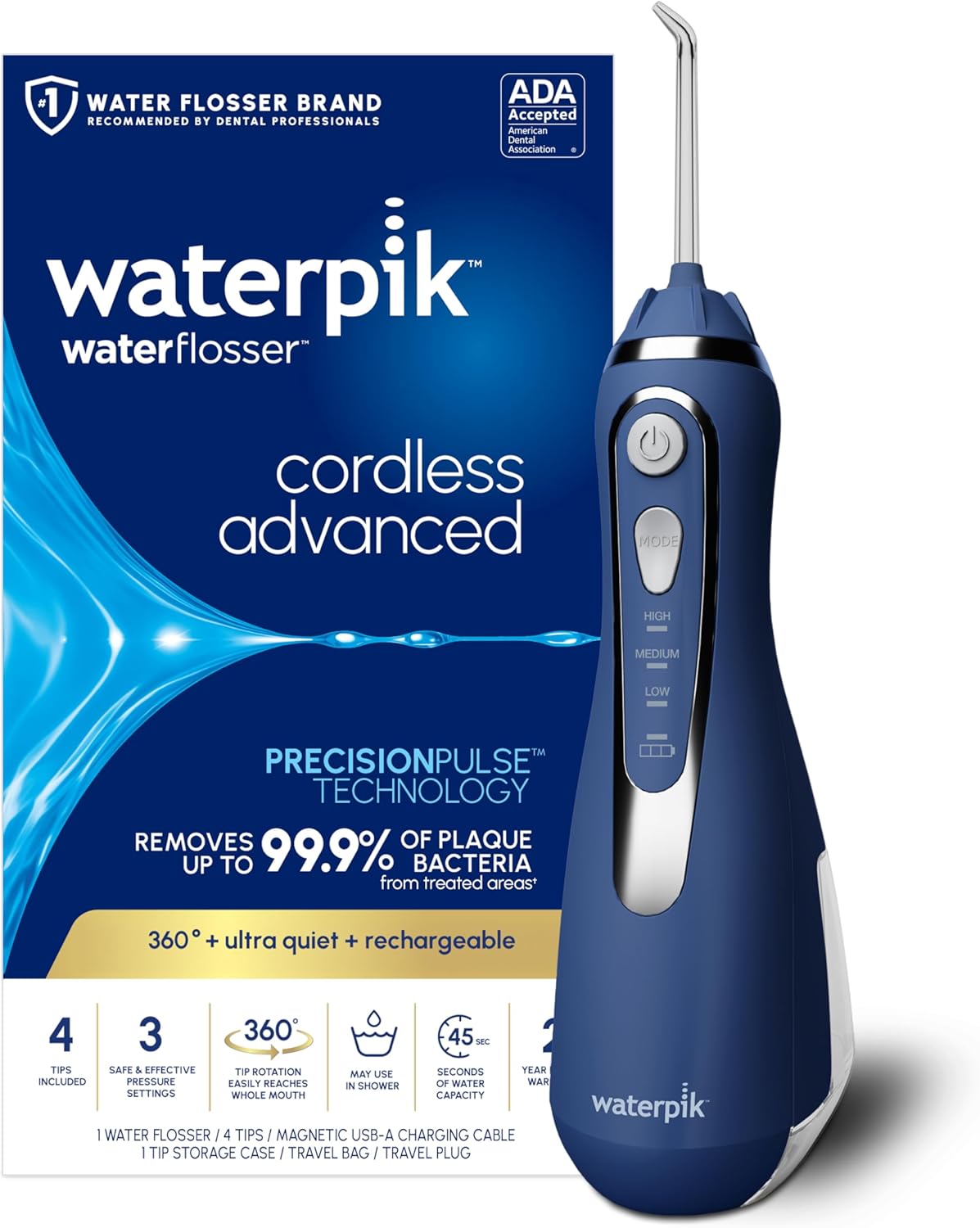 Waterpik Cordless Advanced 2.0 Water Flosser - Portable Dental Care for Teeth & Gums | Rechargeable, Waterproof, Blue WP-583