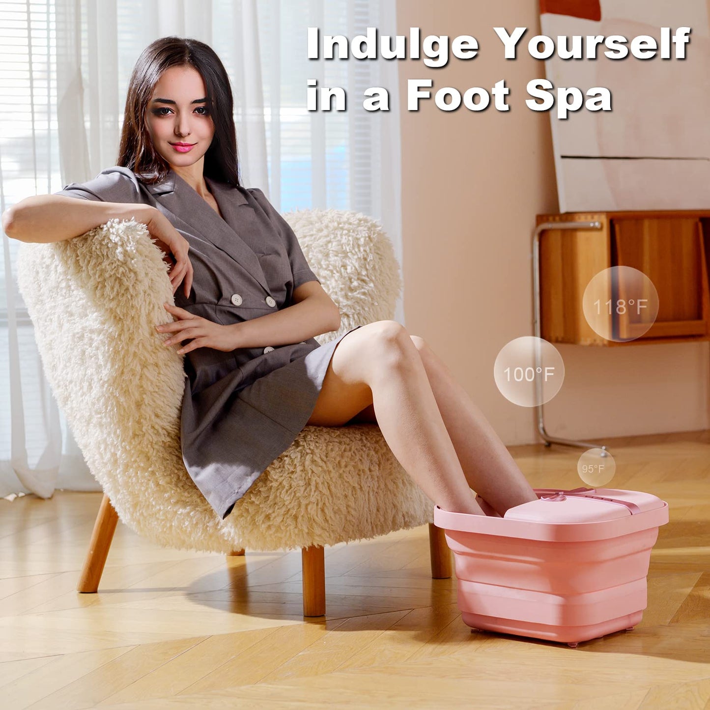 VIVIYA Collapsible Foot Bath Spa with heat and Massage Rollers, Foldable Foot Soak Tub with Bubbles Jets and LED light, Pedicure Foot Spa Massager with Foot Scrubber for Home Use (White)